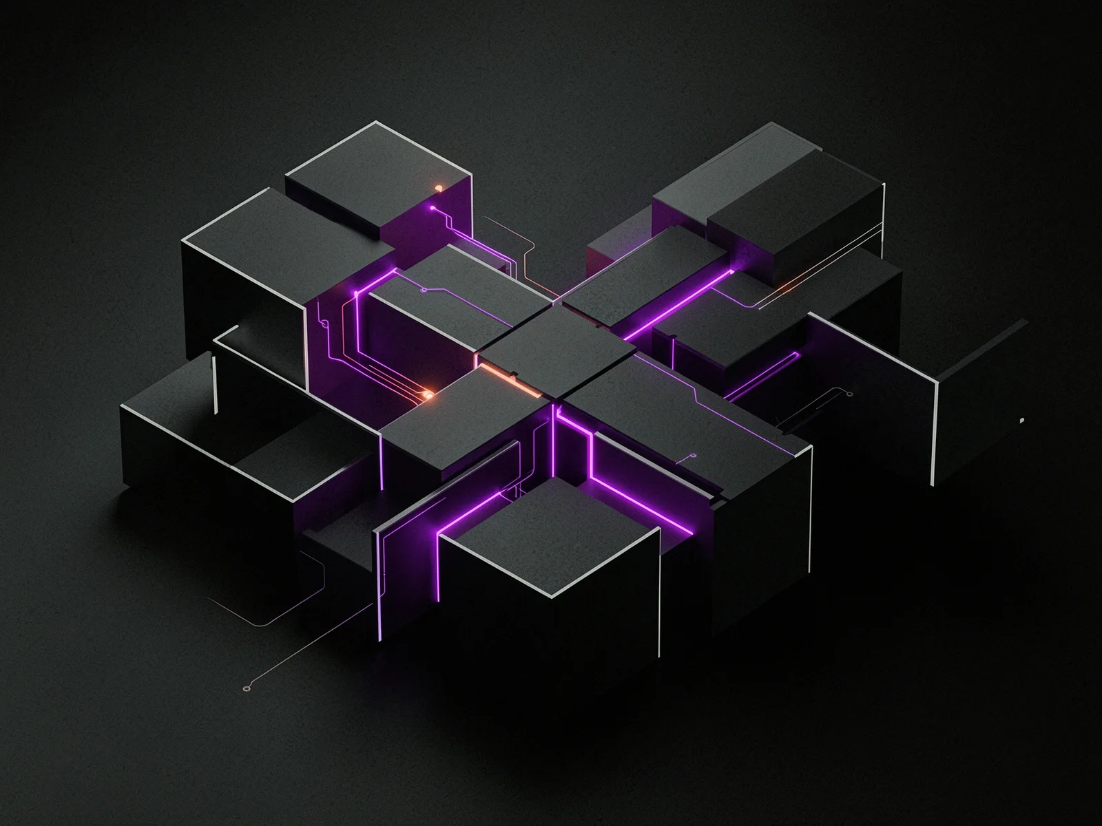 Abstract isometric render of interlocking dark graphite blocks connected by glowing violet and coral circuit lines, representing enterprise systems architecture